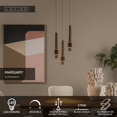 Lucide MARGARY - Suspension - Ø 28 cm - LED Dim. - 3x4W 2700K - Café